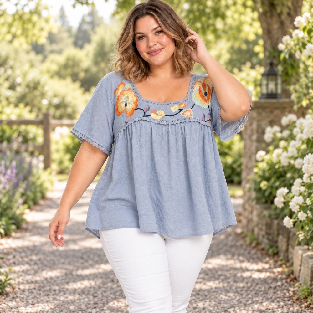 Perch by Blu Pepper 2XL Blue Embroidered Floral Babydoll Blouse Boho Lace Trim